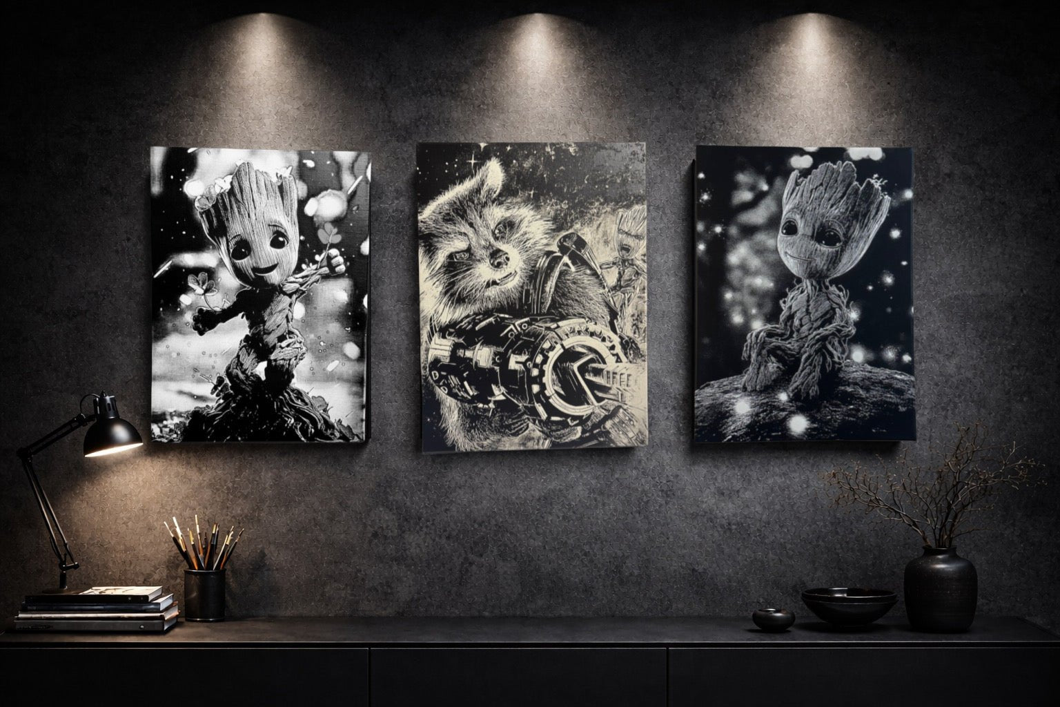 Tableau duo animal combattant et créature végétale univers spatial noir et blanc décoration murale 30x40 cm - DesignRomArt