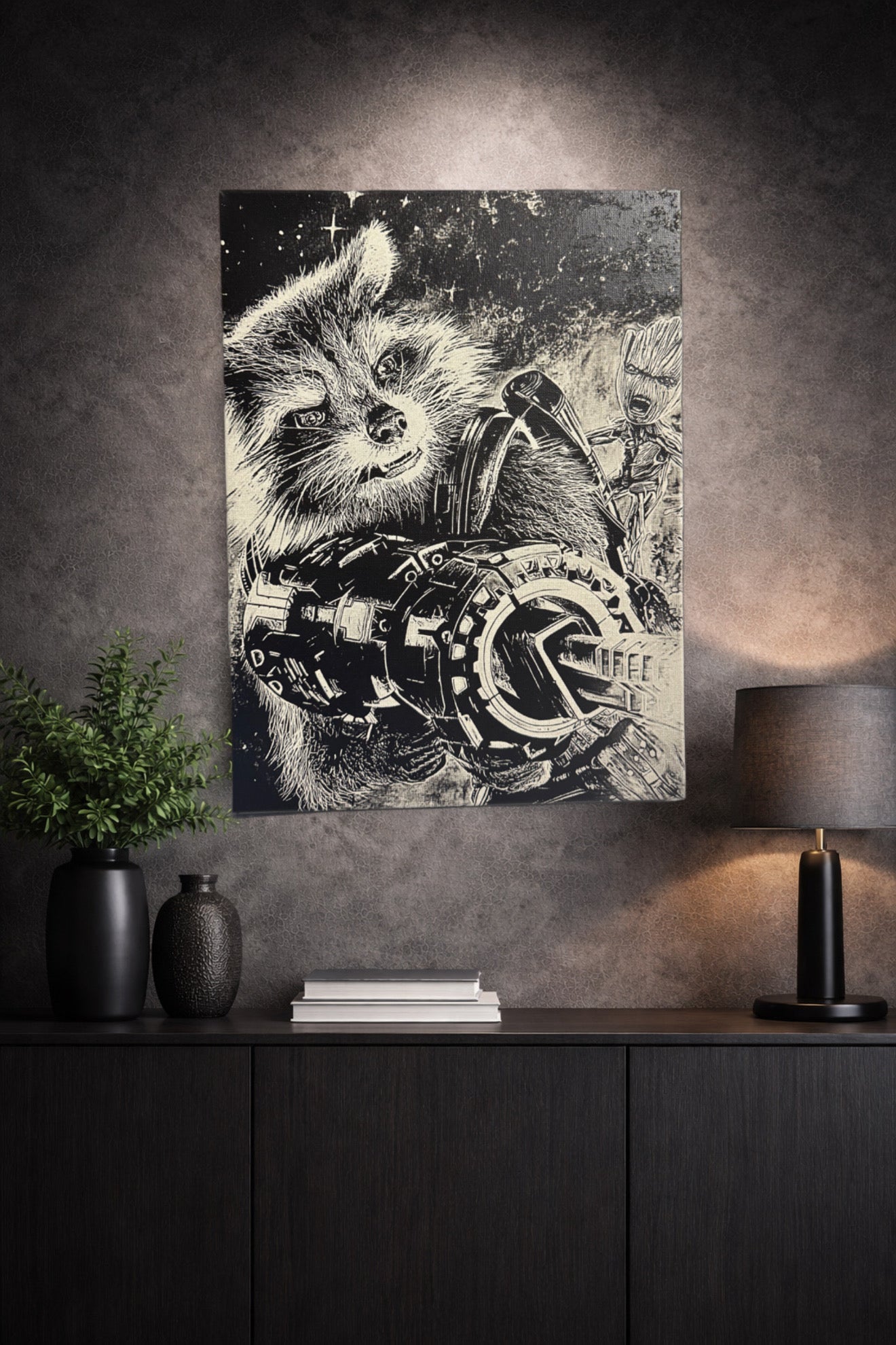 Tableau duo animal combattant et créature végétale univers spatial noir et blanc décoration murale 30x40 cm - DesignRomArt