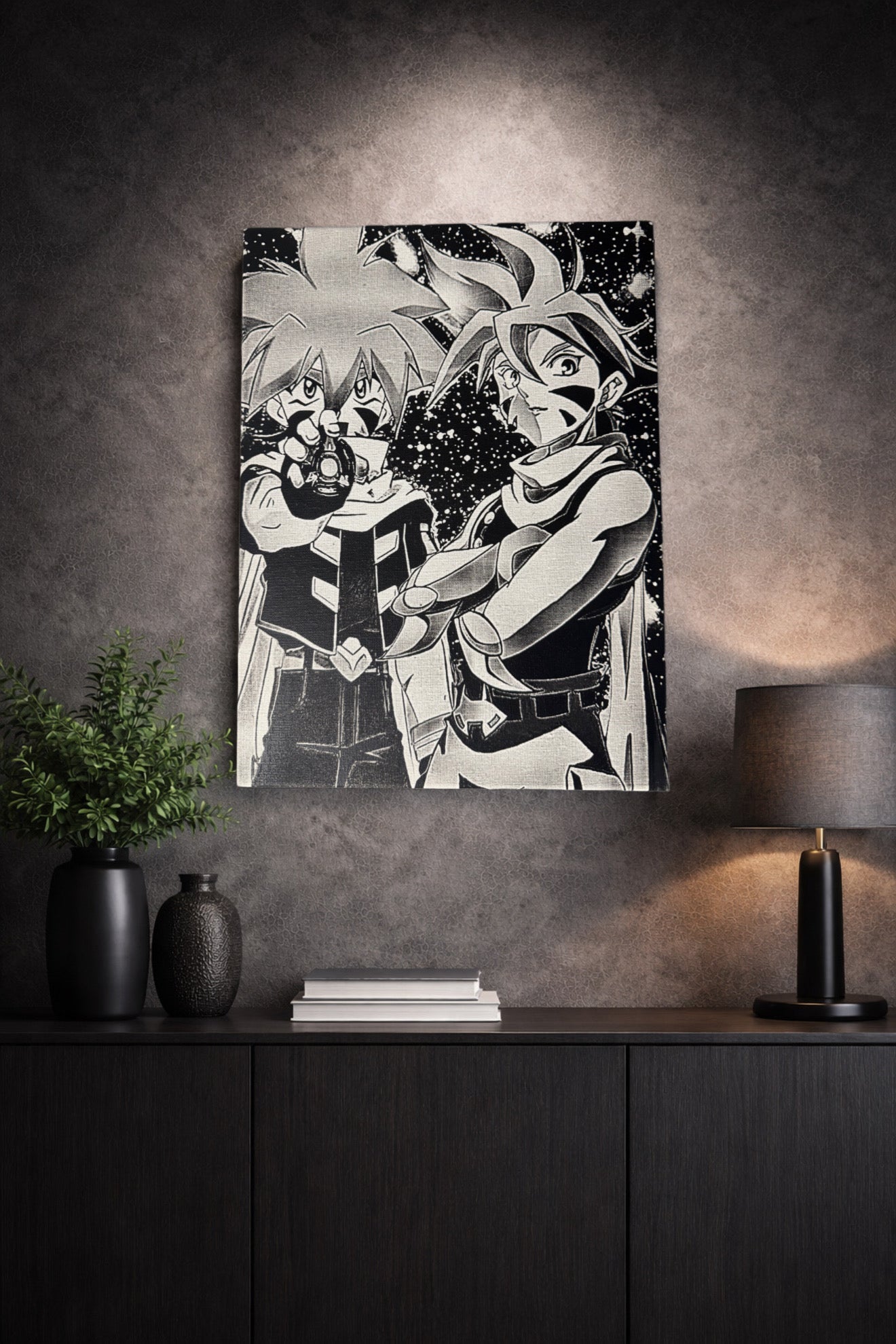 Tableau duo de jeunes héros kai combattants en posture d’action – univers aventure épique noir et blanc – décoration murale 30x40 cm - DesignRomArt