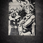 Tableau duo de jeunes héros kai combattants en posture d’action – univers aventure épique noir et blanc – décoration murale 30x40 cm - DesignRomArt