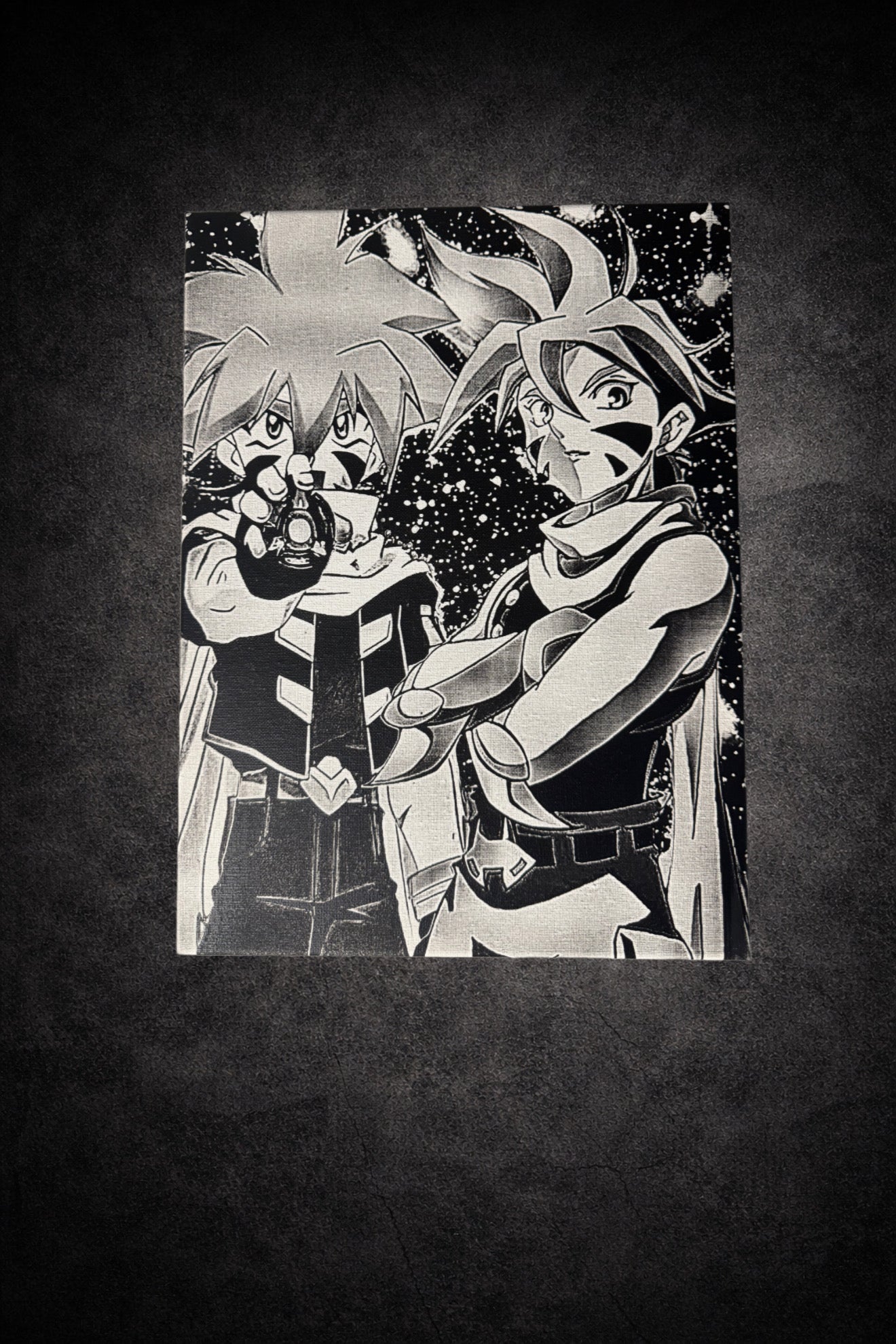 Tableau duo de jeunes héros kai combattants en posture d’action – univers aventure épique noir et blanc – décoration murale 30x40 cm - DesignRomArt