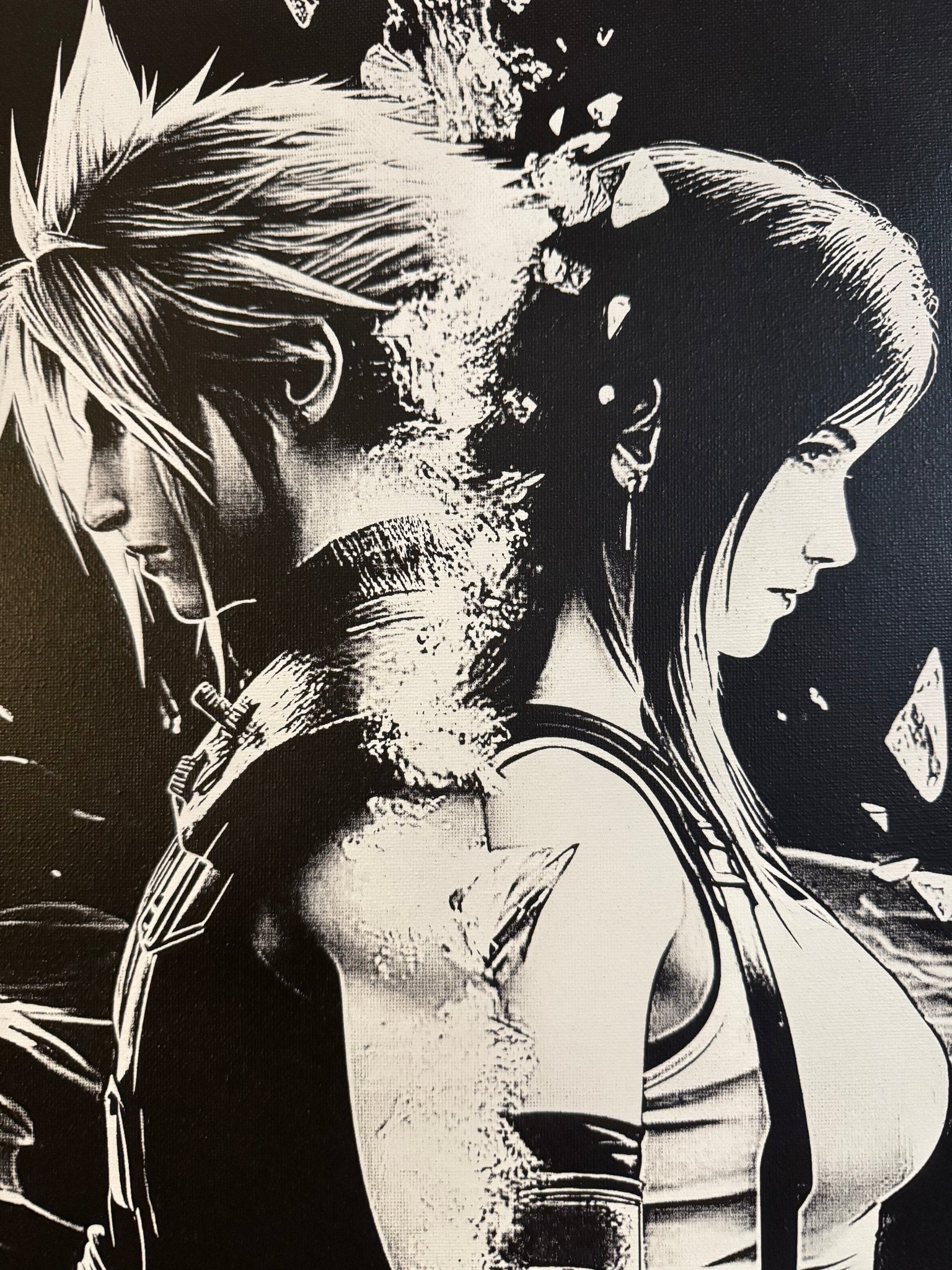 Tableau duo guerrier et héroïne destin croisé univers fantasy noir et blanc décoration murale 30x40 cm - DesignRomArt
