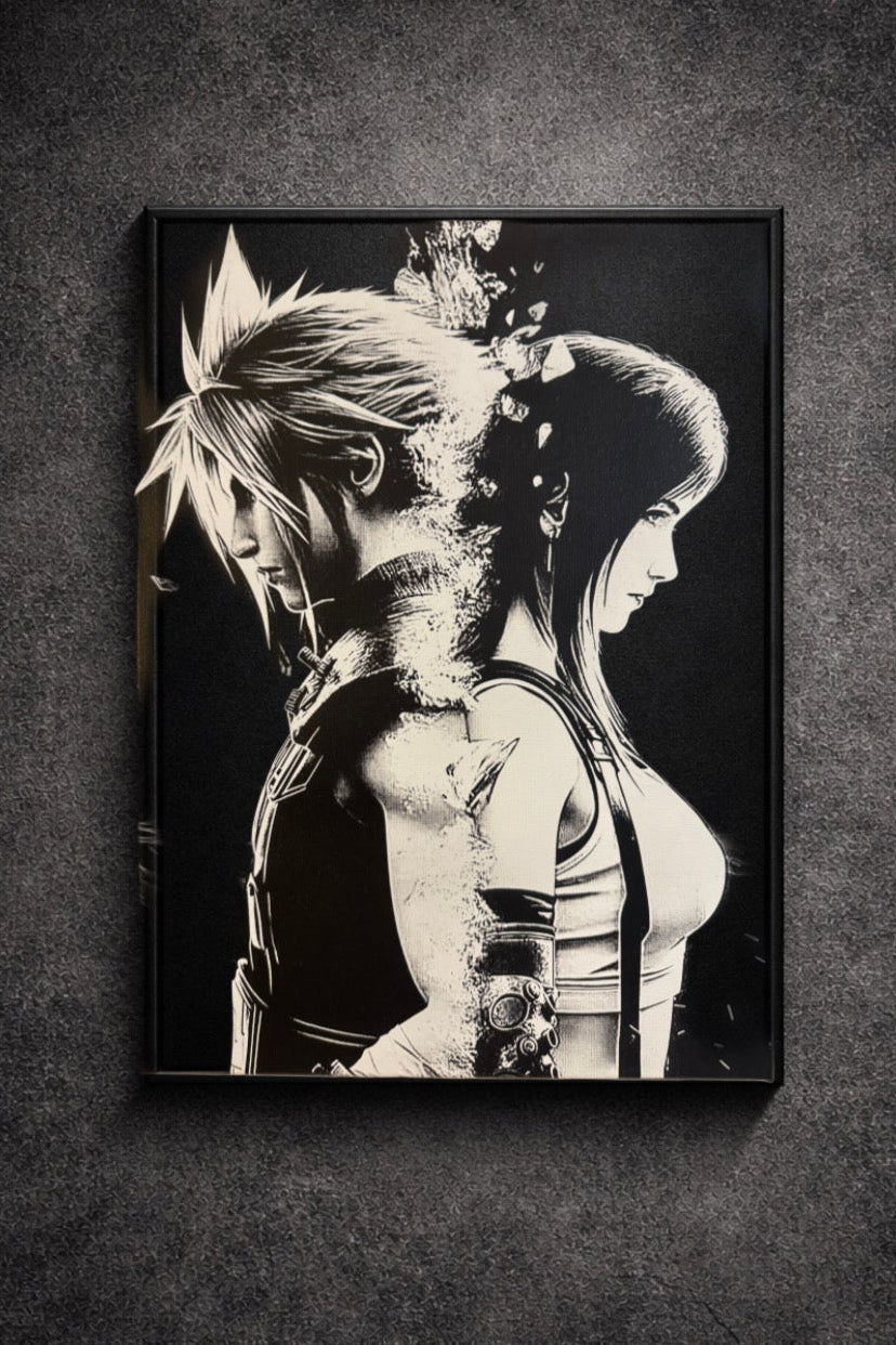 Tableau duo guerrier et héroïne destin croisé univers fantasy noir et blanc décoration murale 30x40 cm - DesignRomArt