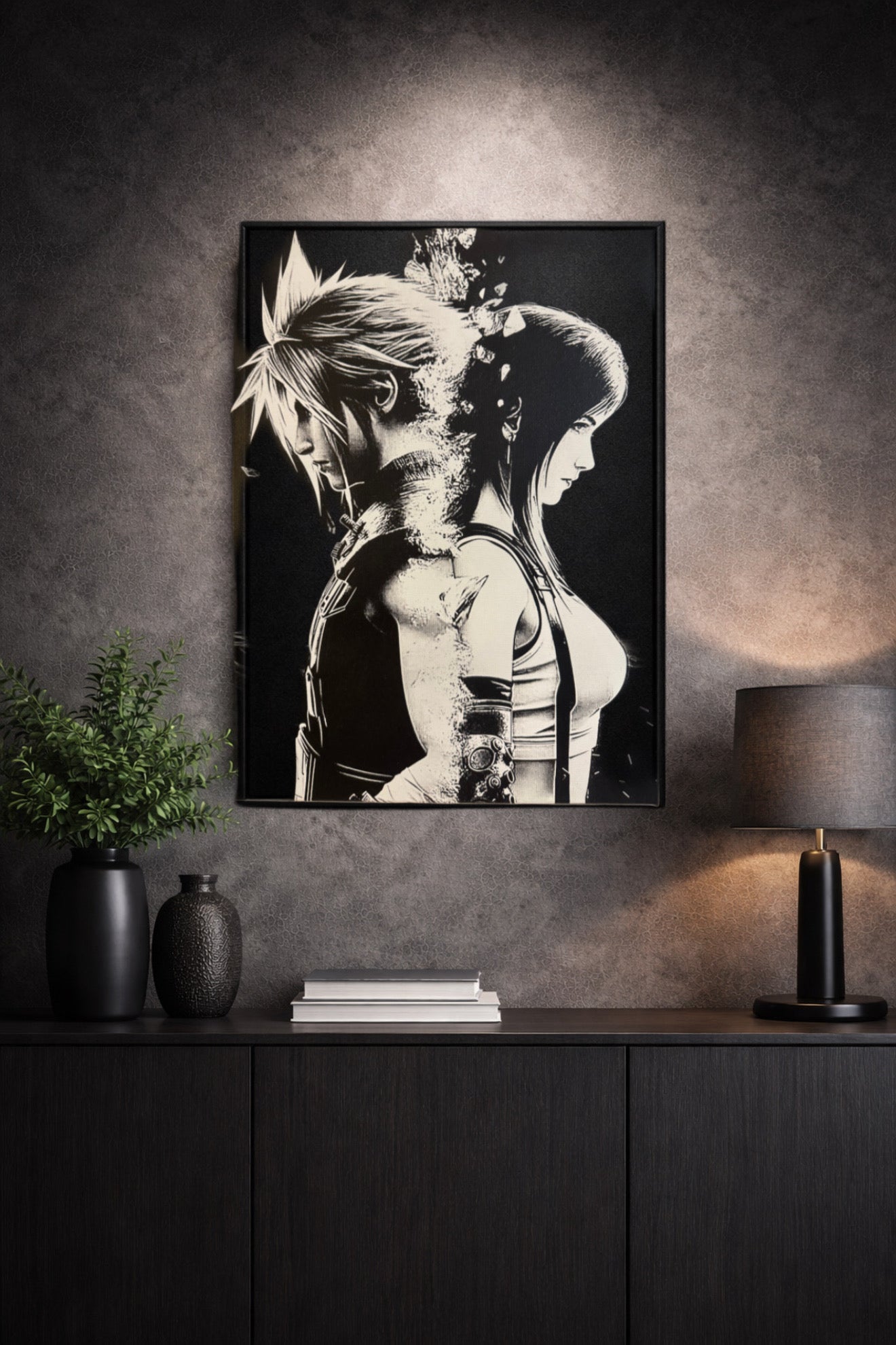 Tableau duo guerrier et héroïne destin croisé univers fantasy noir et blanc décoration murale 30x40 cm - DesignRomArt