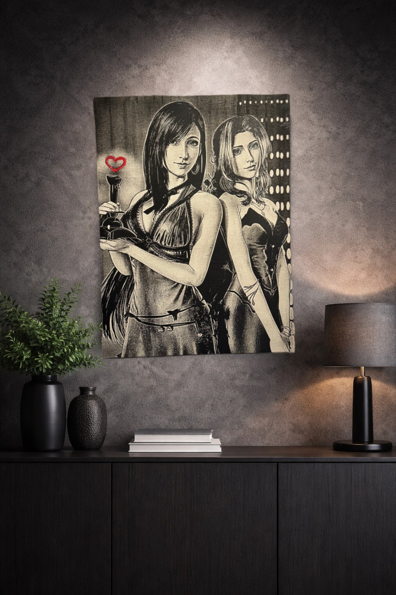 Tableau duo héroïnes style jeu vidéo noir blanc décoration murale 30x40 cm - DesignRomArt