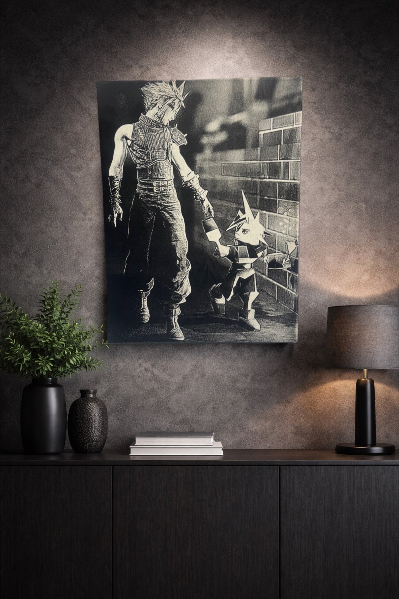 Tableau duo héros évolution style jeu vidéo noir blanc décoration murale 30x40 cm - DesignRomArt