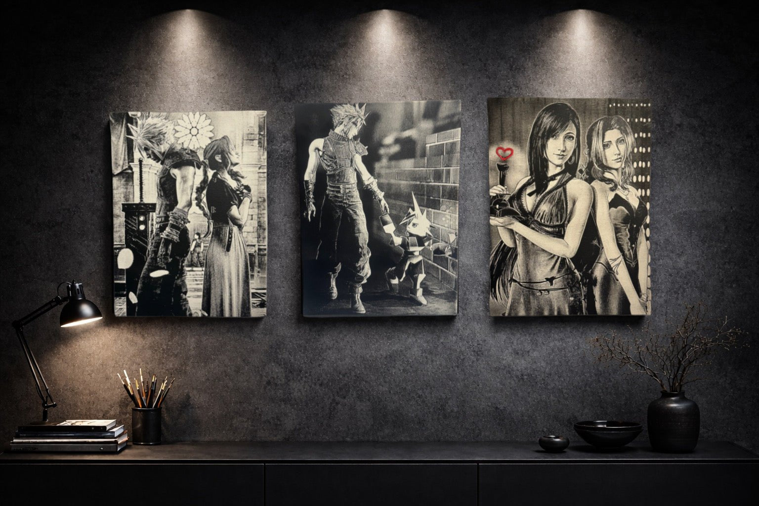 Tableau duo héros style jeu vidéo manga noir blanc décoration murale 30x40 cm - DesignRomArt