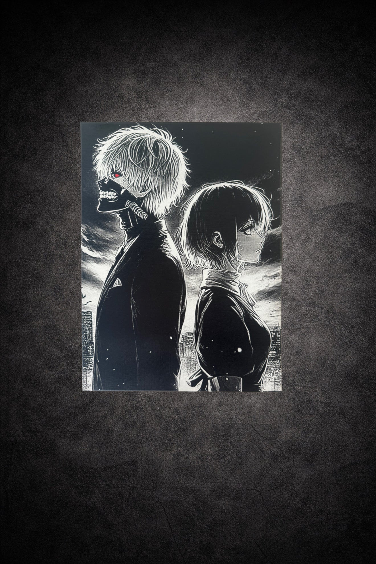 Tableau manga sombre représentant deux personnages dos à dos