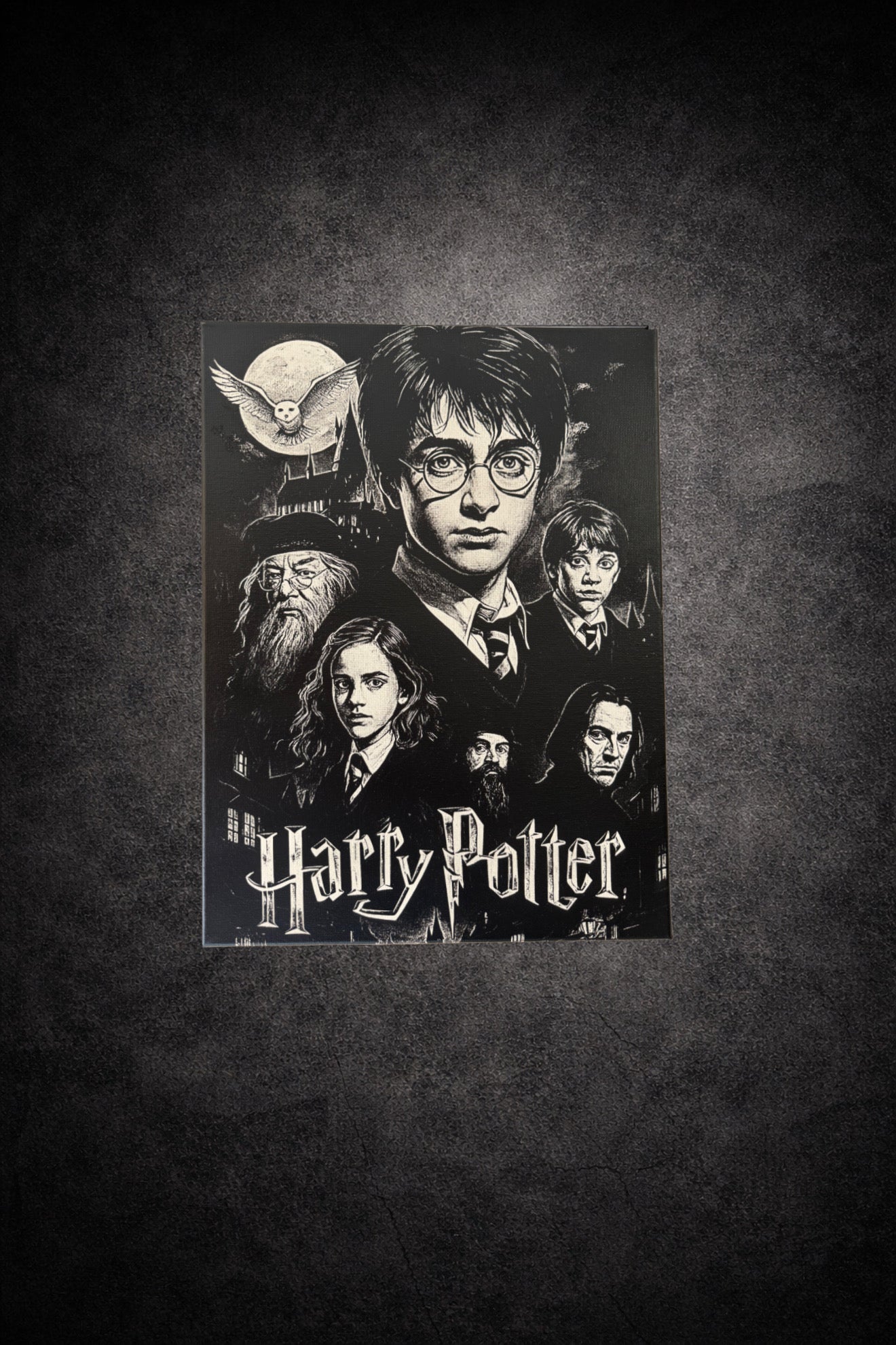 Tableau noir et blanc représentant des sorciers dans une école de magie