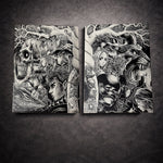 Tableau en Duo Dark Fantasy – Guerrier Maudit & Créatures Mythiques – Art Noir et Blanc - DesignRomArt