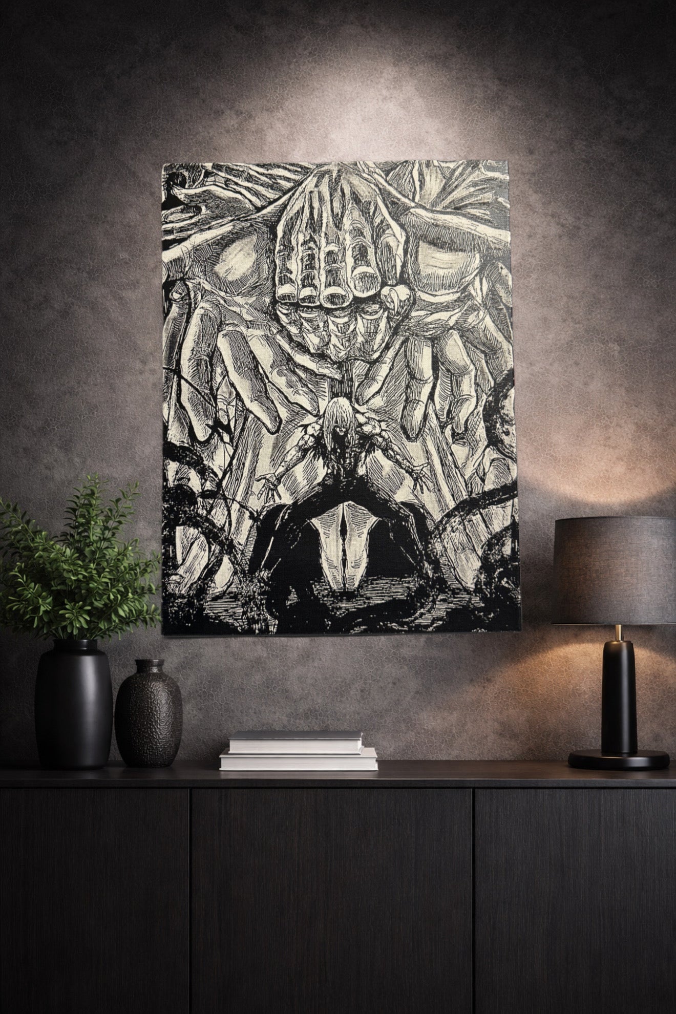 Tableau entité démoniaque manipulation spirituelle univers manga sombre noir et blanc décoration murale 30x40 cm - DesignRomArt