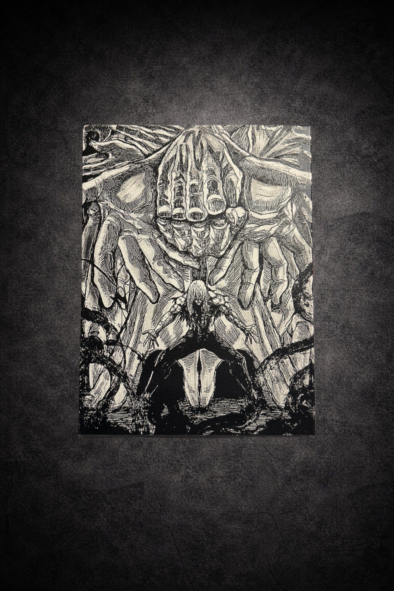Tableau entité démoniaque manipulation spirituelle univers manga sombre noir et blanc décoration murale 30x40 cm - DesignRomArt