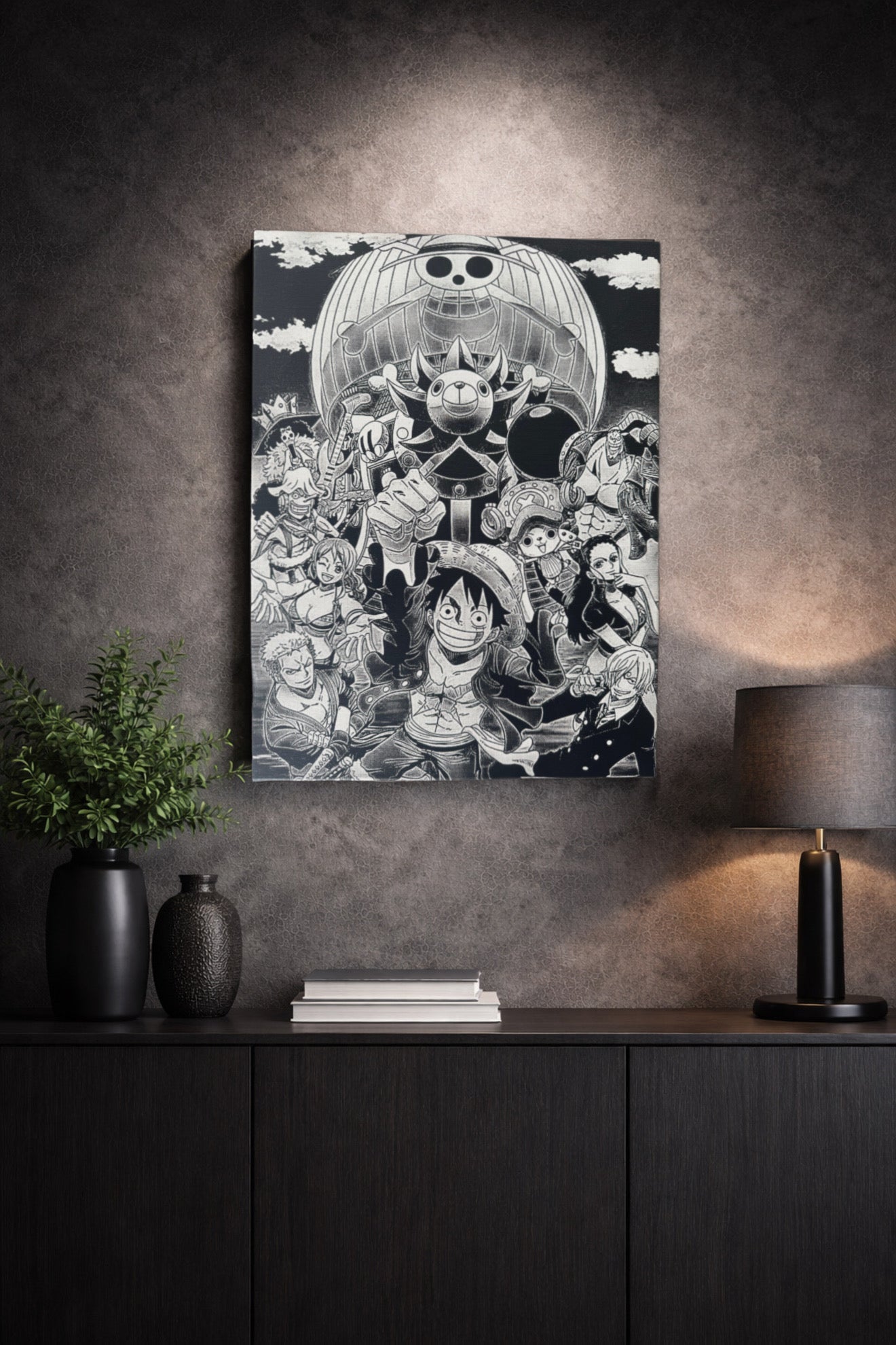 Tableau équipage pirates complet style manga décoration murale noir et blanc 30x40 cm - DesignRomArt