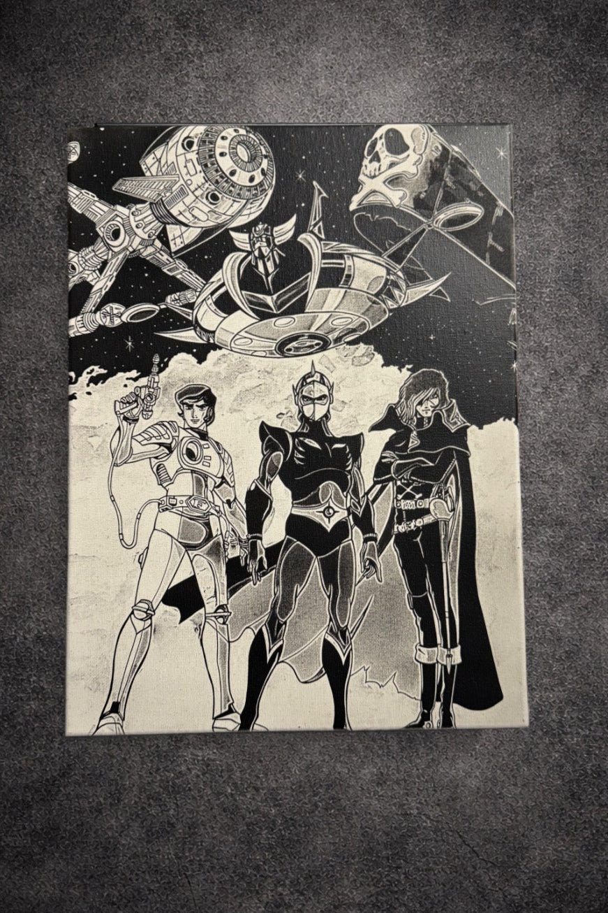 Tableau équipe héros spatiaux rétro univers science - fiction noir et blanc décoration murale 30x40 cm - DesignRomArt