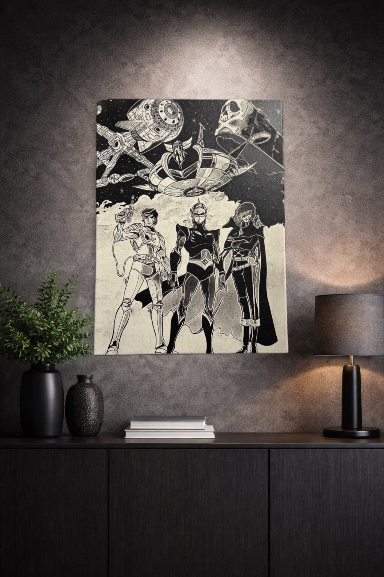 Tableau équipe héros spatiaux rétro univers science - fiction noir et blanc décoration murale 30x40 cm - DesignRomArt