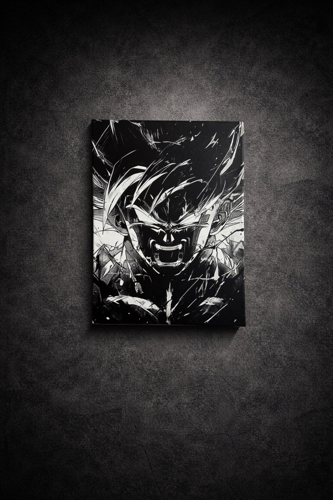 Tableau manga noir et blanc représentant un éveil de puissance et une libération intérieure, art mural intense sur toile 30x40 cm