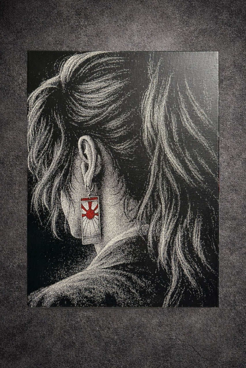 Tableau femme de dos regard tourné symbole rouge décoration murale 30x40 cm - DesignRomArt