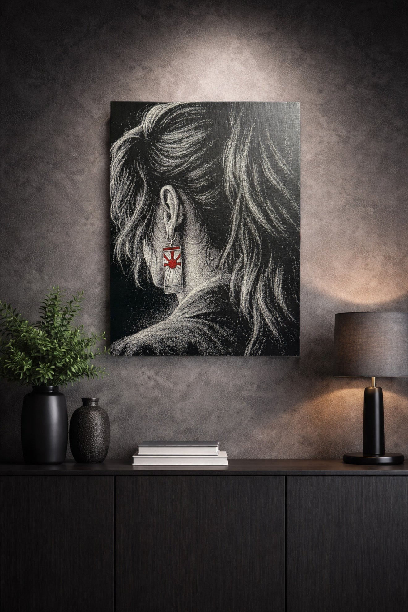 Tableau femme de dos regard tourné symbole rouge décoration murale 30x40 cm - DesignRomArt