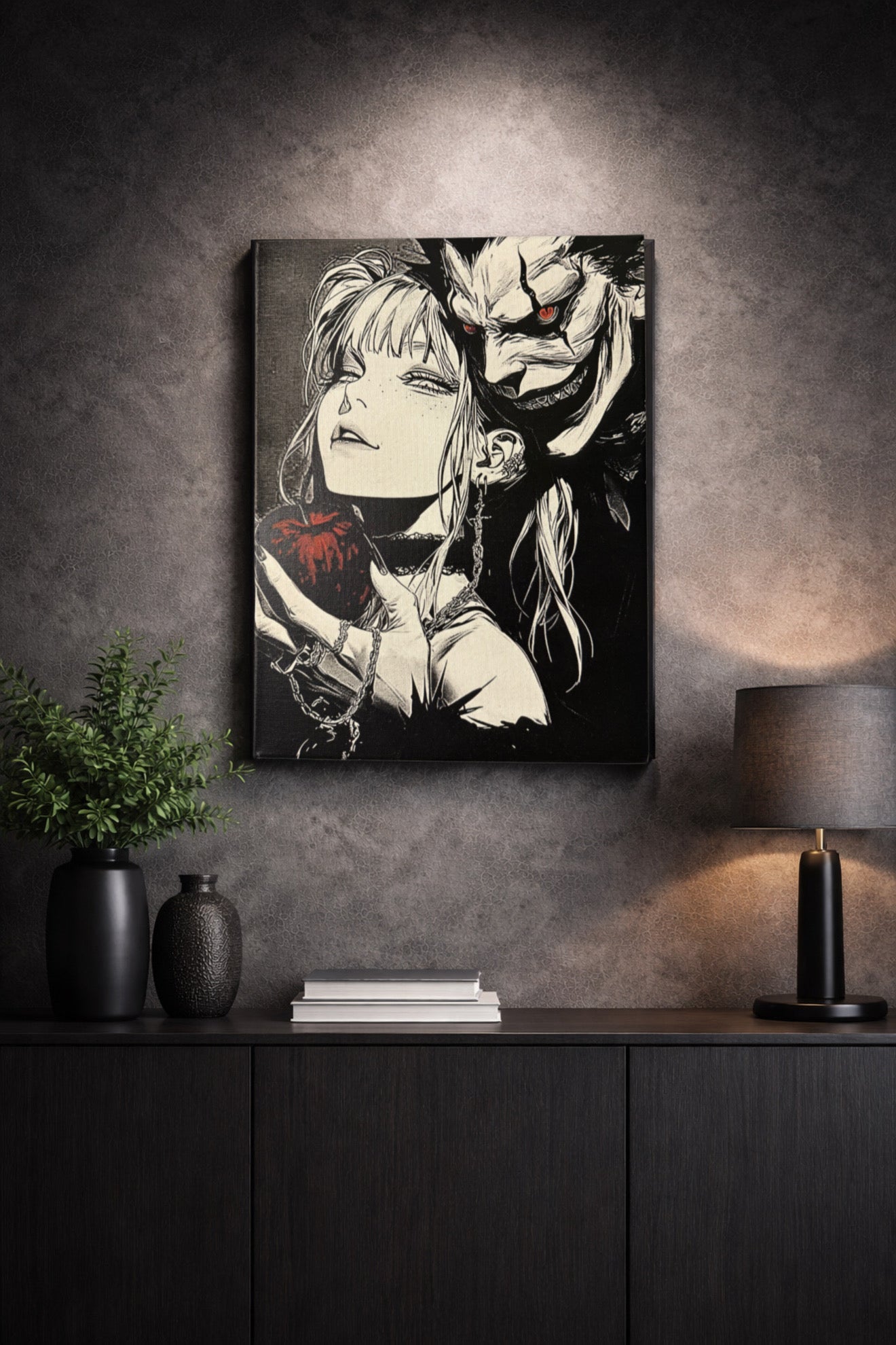 Tableau femme mystérieuse et démon sombre en tension dramatique noir et blanc – décoration murale artistique 30x40 cm - DesignRomArt