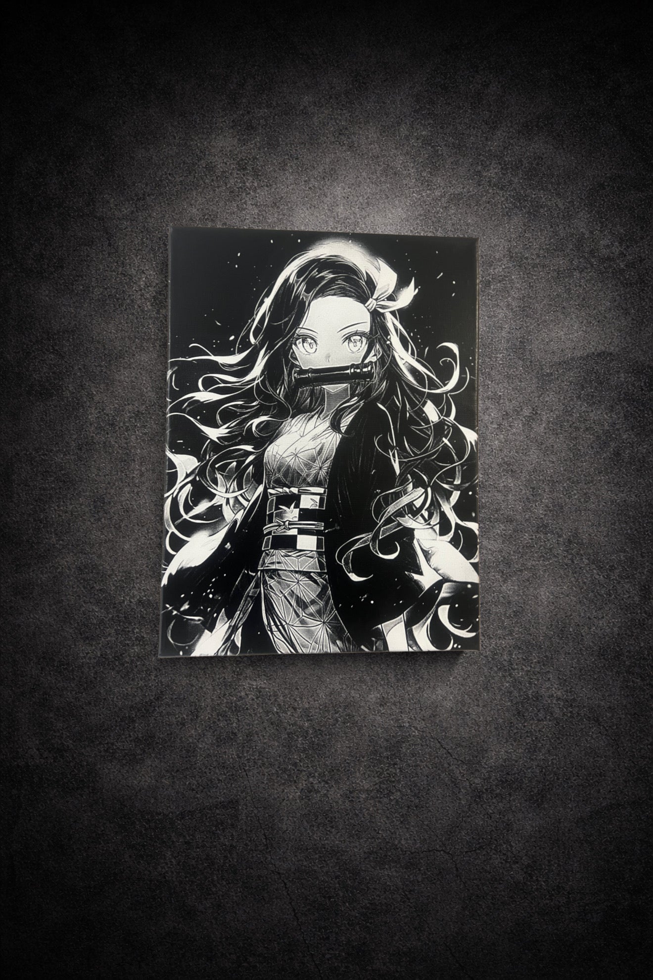 Tableau manga noir et blanc représentant une figure féminine élégante au style poétique, art mural raffiné sur toile 30x40 cm