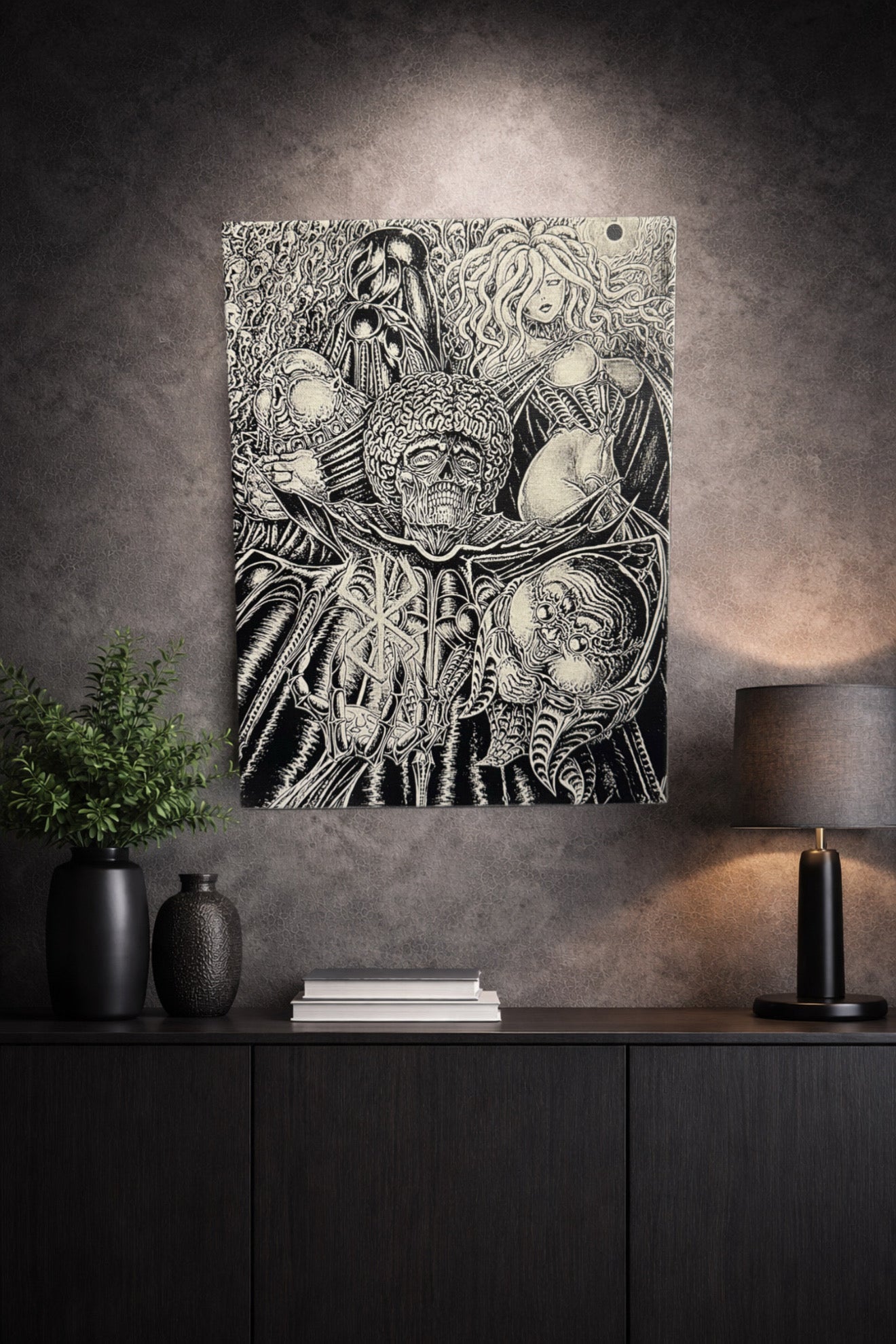 Tableau figure occulte et entités mystiques – scène ésotérique sombre noir et blanc – décoration murale 30x40 cm - DesignRomArt