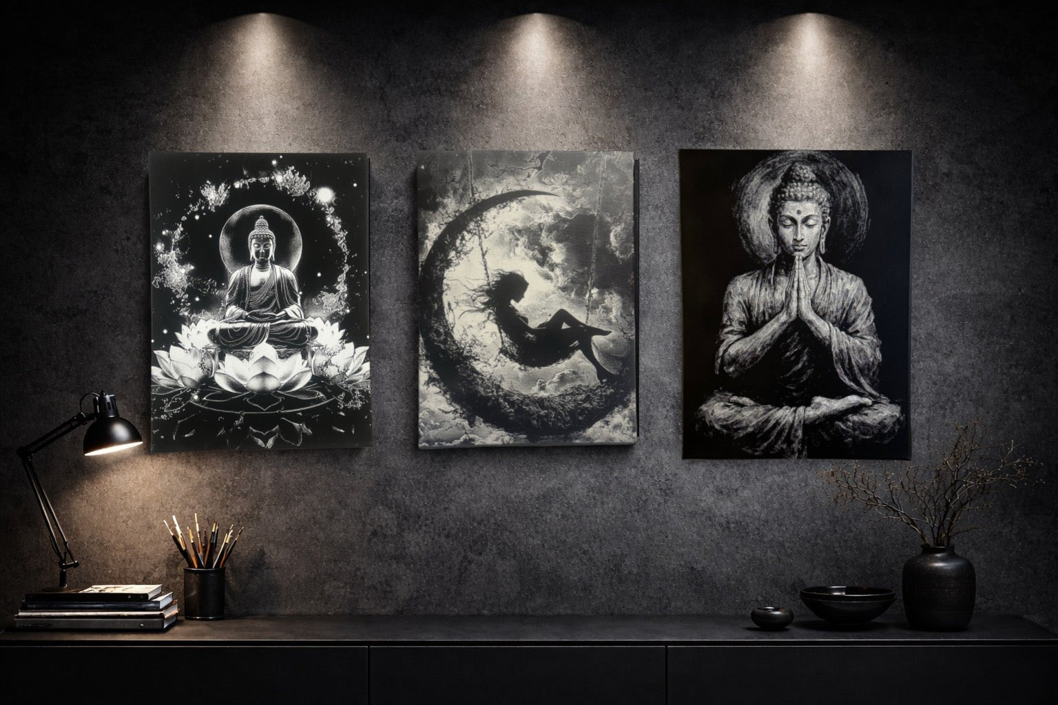 Tableau figure spirituelle en méditation sur lotus lumineux noir et blanc décoration murale 30x40 cm - DesignRomArt