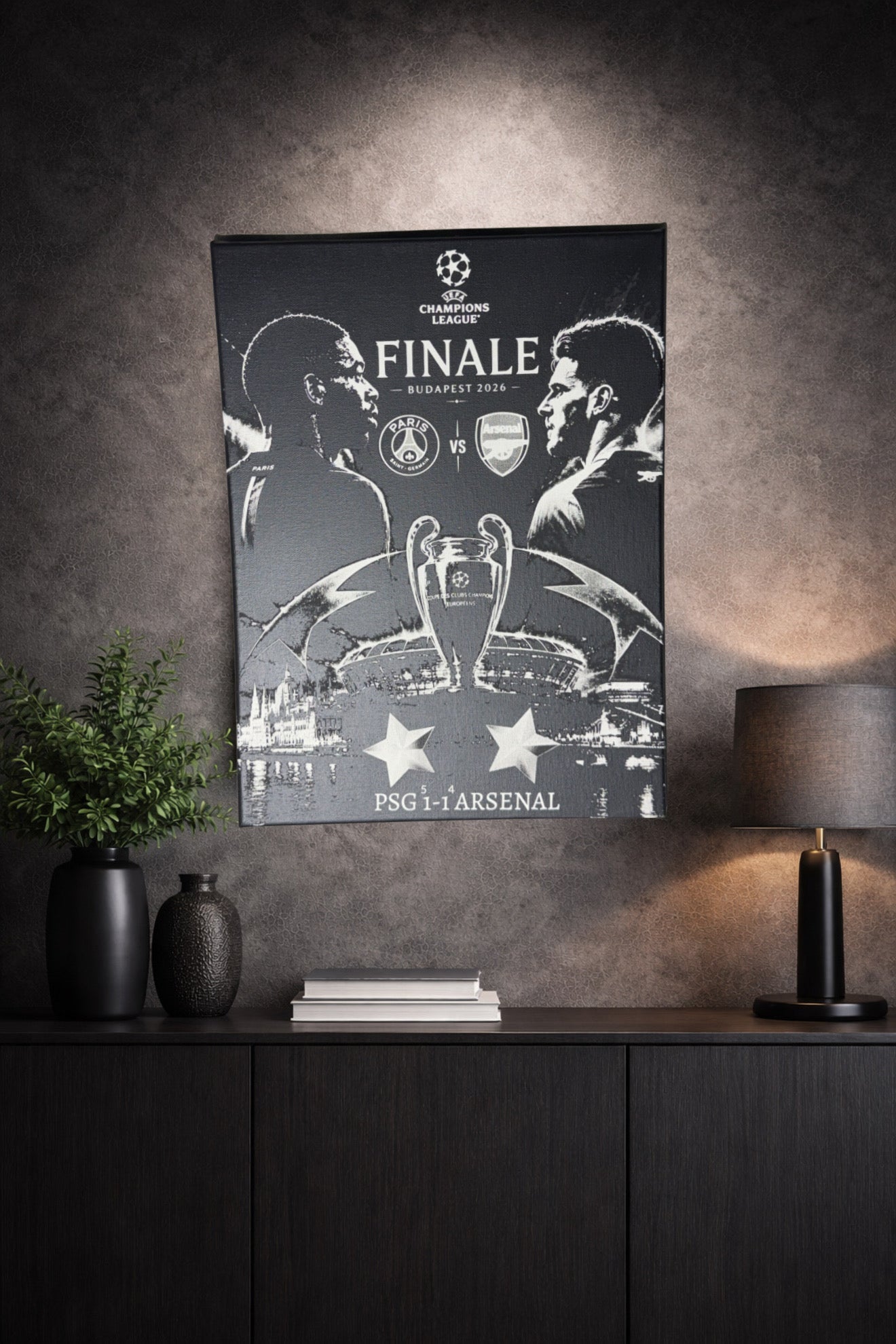 Tableau Finale Ligue des Champions 2026 - PSG vs Arsenal - Toile Murale 30x40 cm - DesignRomArt