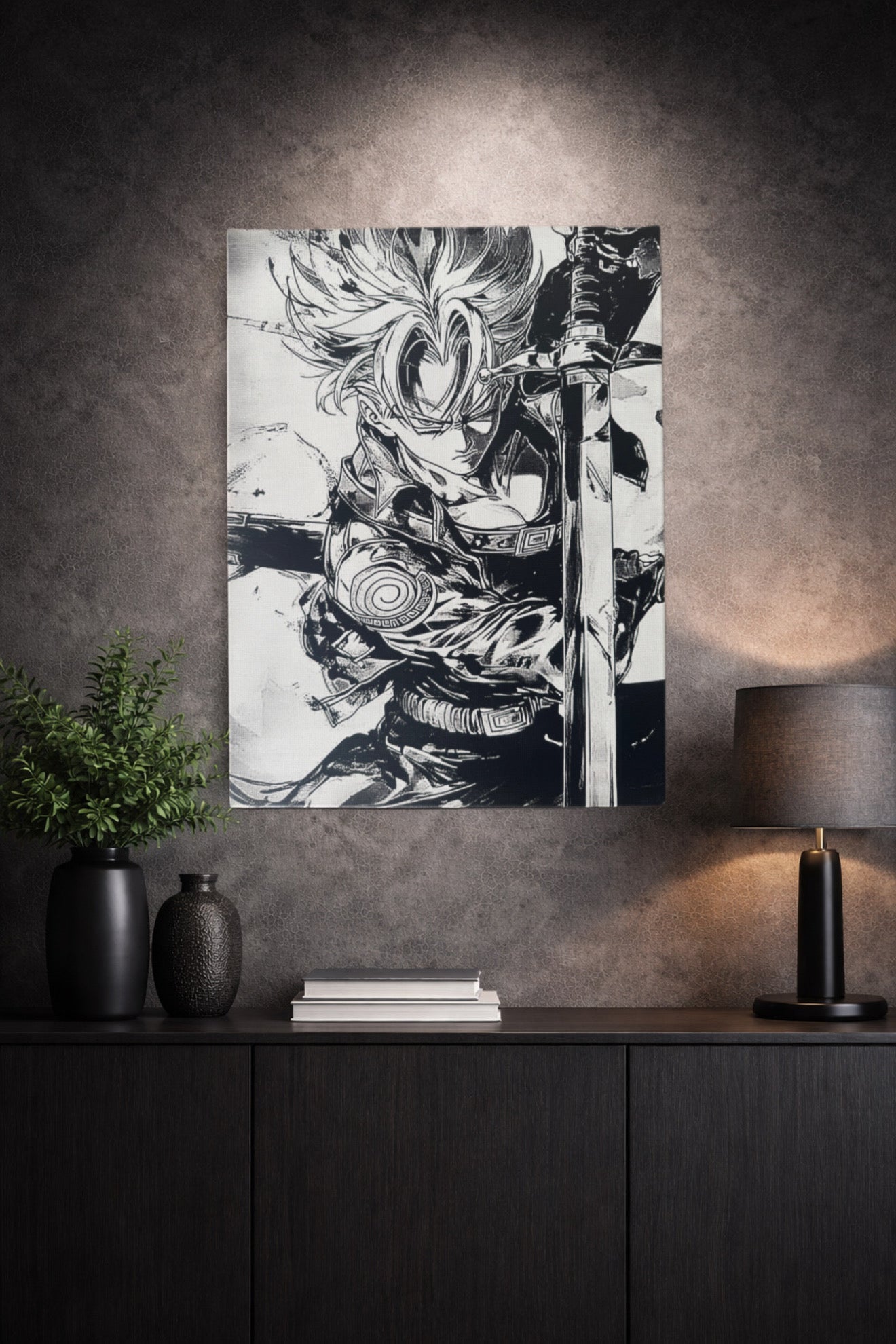Tableau gardien à l’épée – Art manga noir et blanc héroïque – Toile 30x40 cm - DesignRomArt