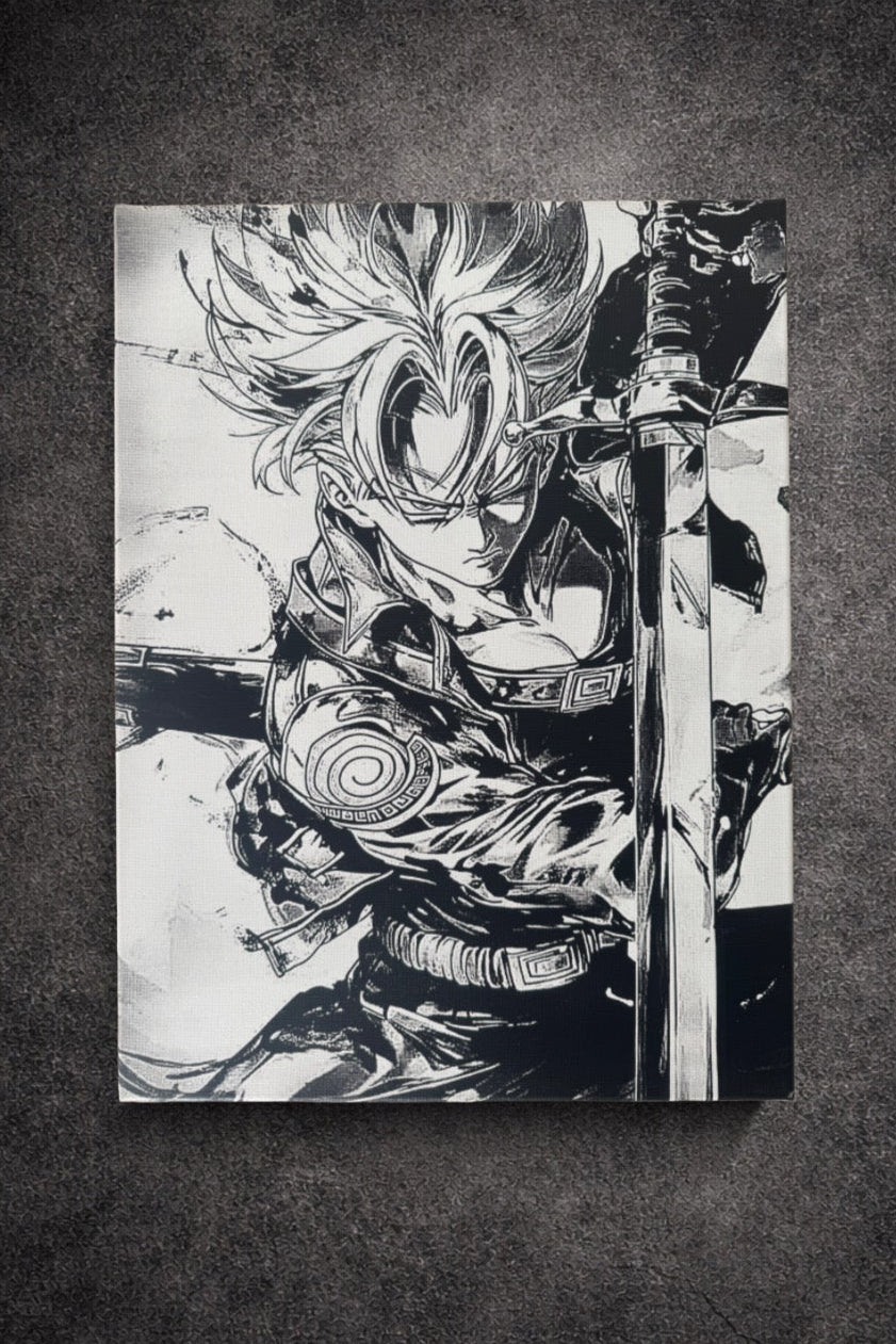 Tableau gardien à l’épée – Art manga noir et blanc héroïque – Toile 30x40 cm - DesignRomArt