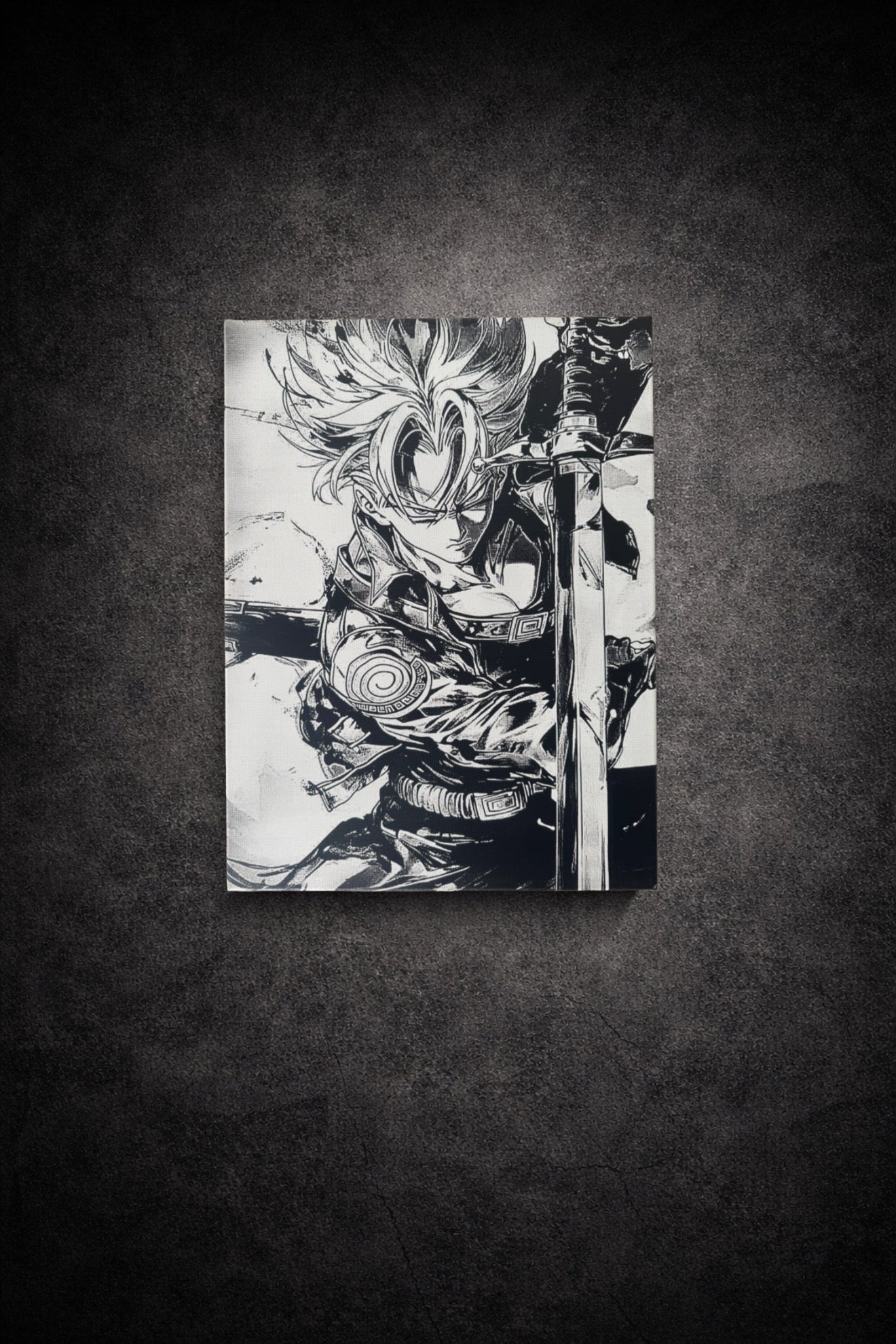 Tableau manga noir et blanc représentant un gardien tenant une épée, art mural héroïque sur toile 30x40 cm