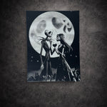 Tableau gothique noir et blanc représentant un couple fantastique sous la lune
