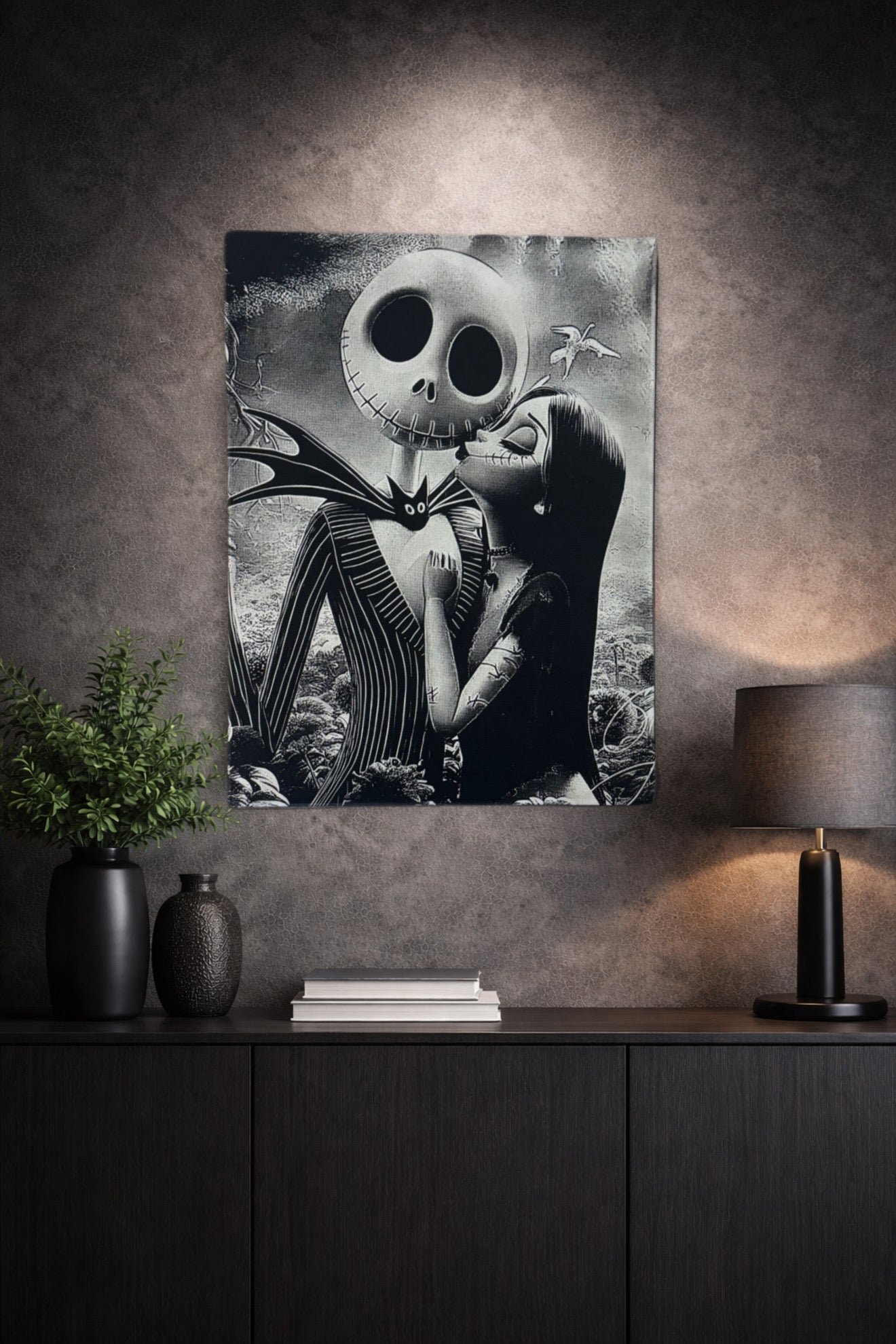Tableau gothique noir et blanc – Couple fantastique romantique – Toile 30x40 cm - DesignRomArt