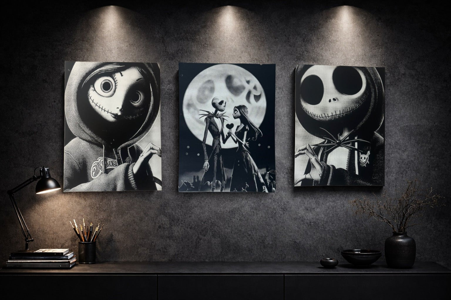 Tableau gothique noir et blanc – Couple fantastique sous la lune – Toile murale 30x40 cm - DesignRomArt