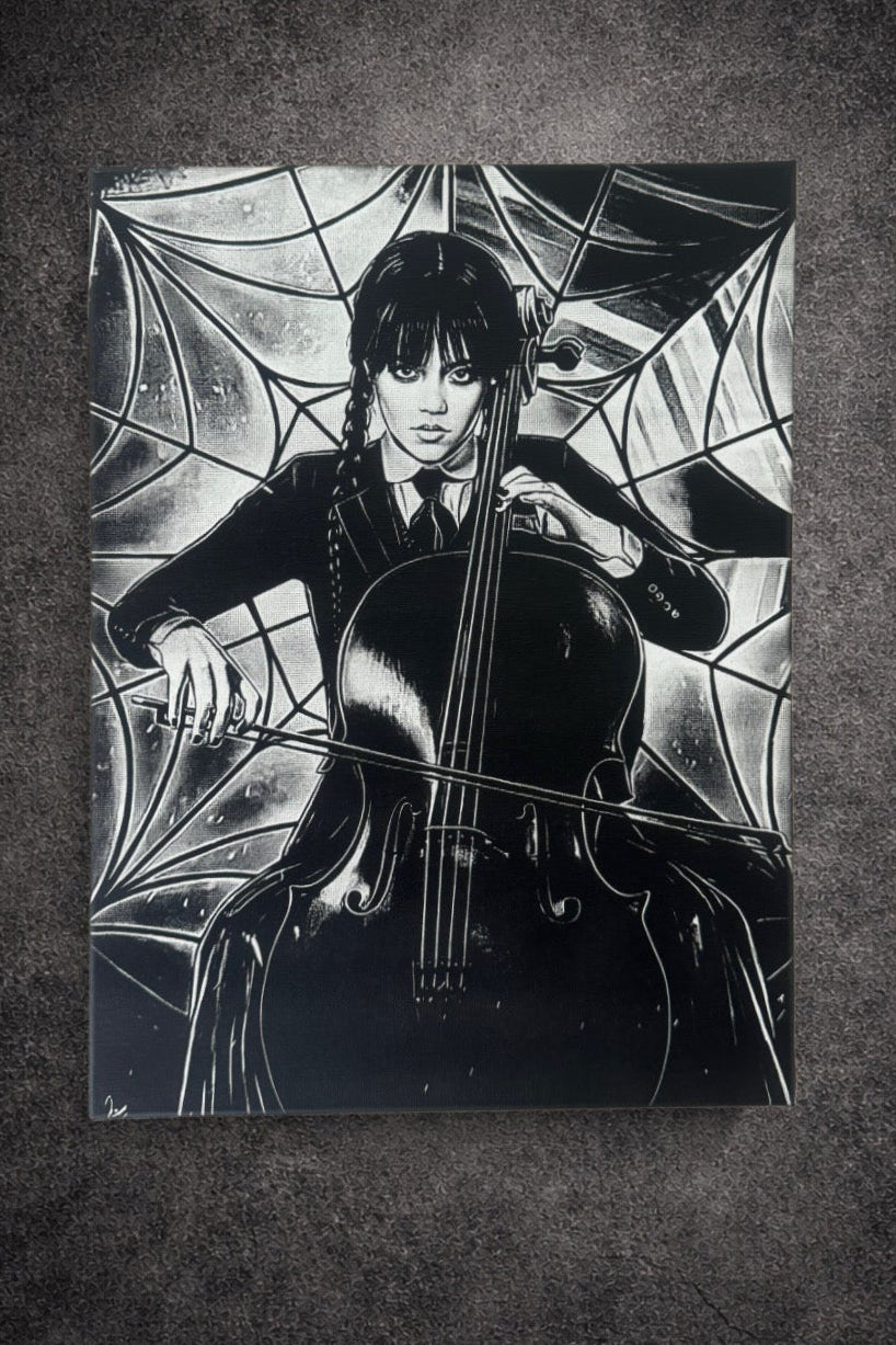 Tableau gothique noir et blanc – musicienne sombre au violoncelle – décoration murale 30x40 cm - DesignRomArt