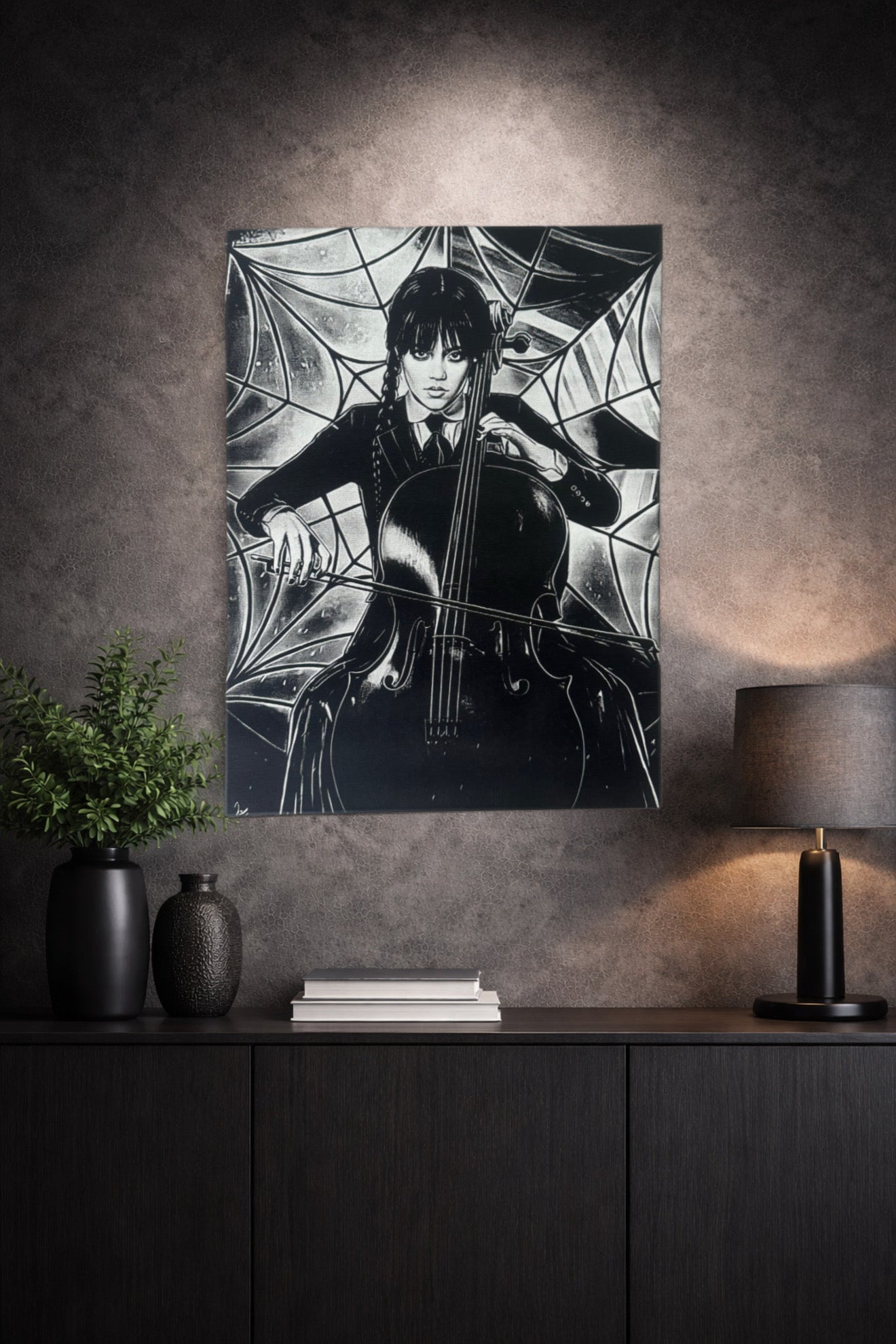 Tableau gothique noir et blanc – musicienne sombre au violoncelle – décoration murale 30x40 cm - DesignRomArt