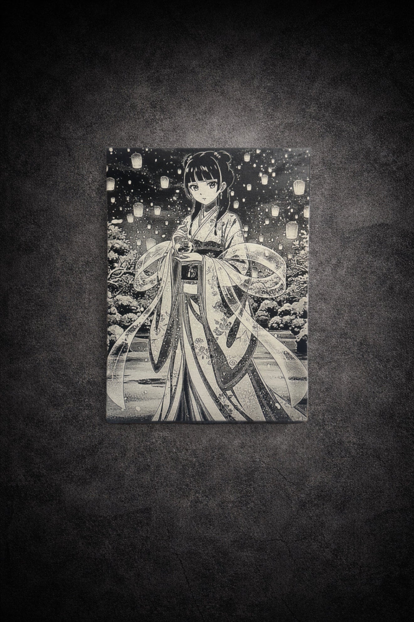 Tableau mural noir et blanc guérisseuse sous lanternes lumineuses ambiance poétique