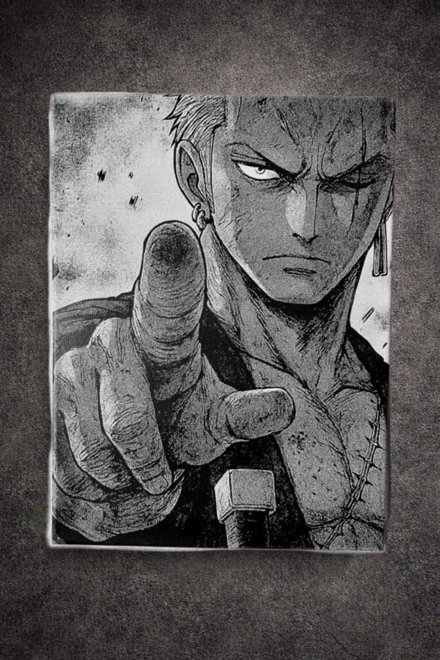 Tableau guerrier au regard déterminé pointant son adversaire style épique noir et blanc décoration murale 30x40 cm - DesignRomArt