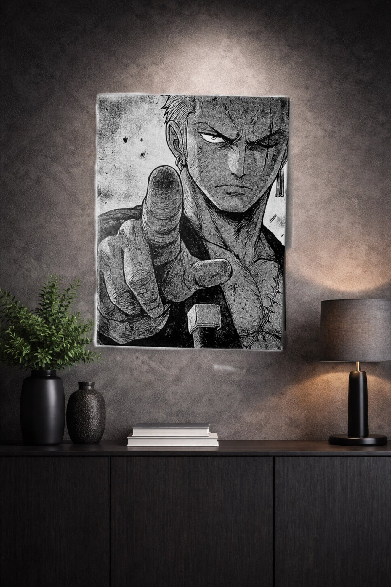 Tableau guerrier au regard déterminé pointant son adversaire style épique noir et blanc décoration murale 30x40 cm - DesignRomArt