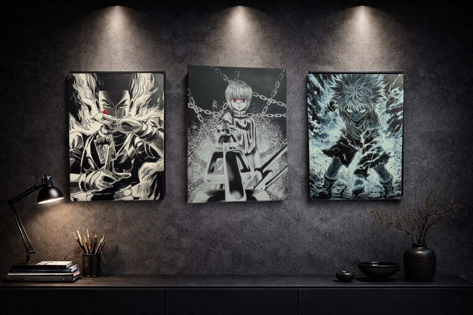 Tableau guerrier aux chaînes regard écarlate décoration murale manga noir et blanc style japonais 30x40 cm - DesignRomArt