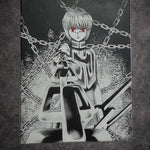 Tableau guerrier aux chaînes regard écarlate décoration murale manga noir et blanc style japonais 30x40 cm - DesignRomArt