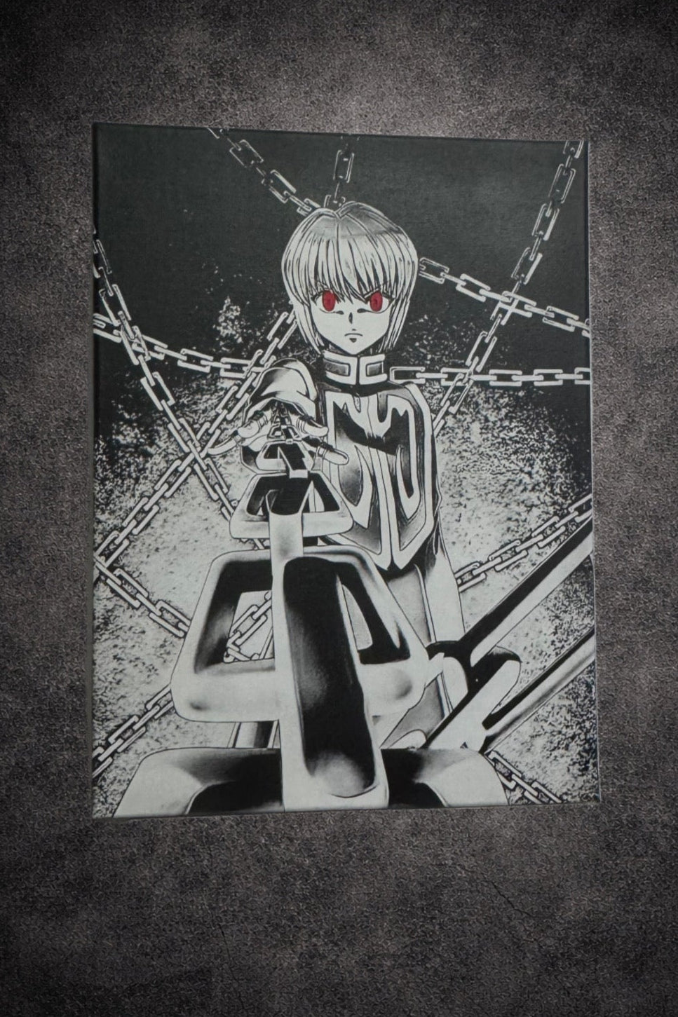 Tableau guerrier aux chaînes regard écarlate décoration murale manga noir et blanc style japonais 30x40 cm - DesignRomArt