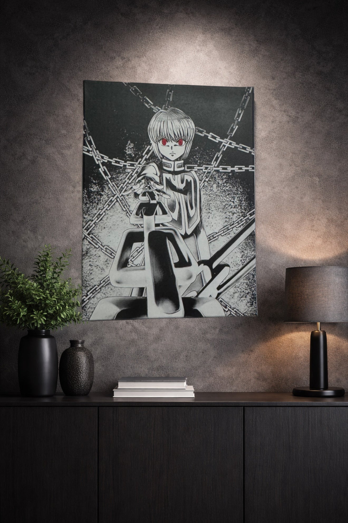 Tableau guerrier aux chaînes regard écarlate décoration murale manga noir et blanc style japonais 30x40 cm - DesignRomArt