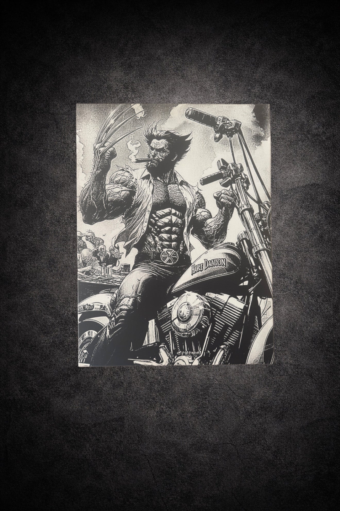 Tableau noir et blanc guerrier sauvage sur moto mural