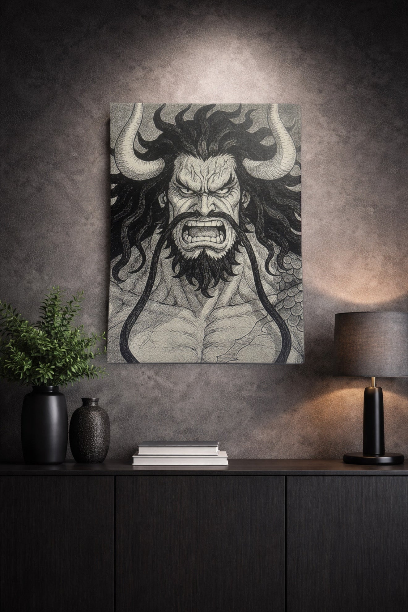 Tableau guerrier cornu puissance démoniaque style manga décoration murale noir et blanc 30x40 cm - DesignRomArt
