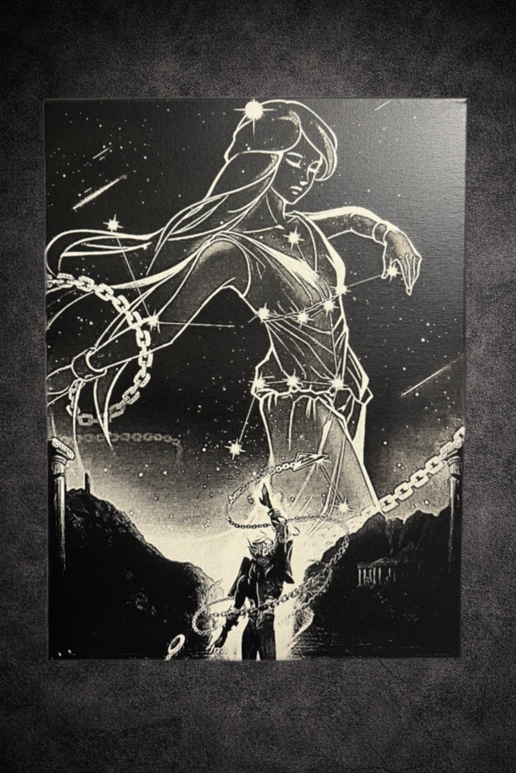 Tableau guerrier cosmique et constellation céleste – décoration murale noir et blanc 30x40 cm - DesignRomArt