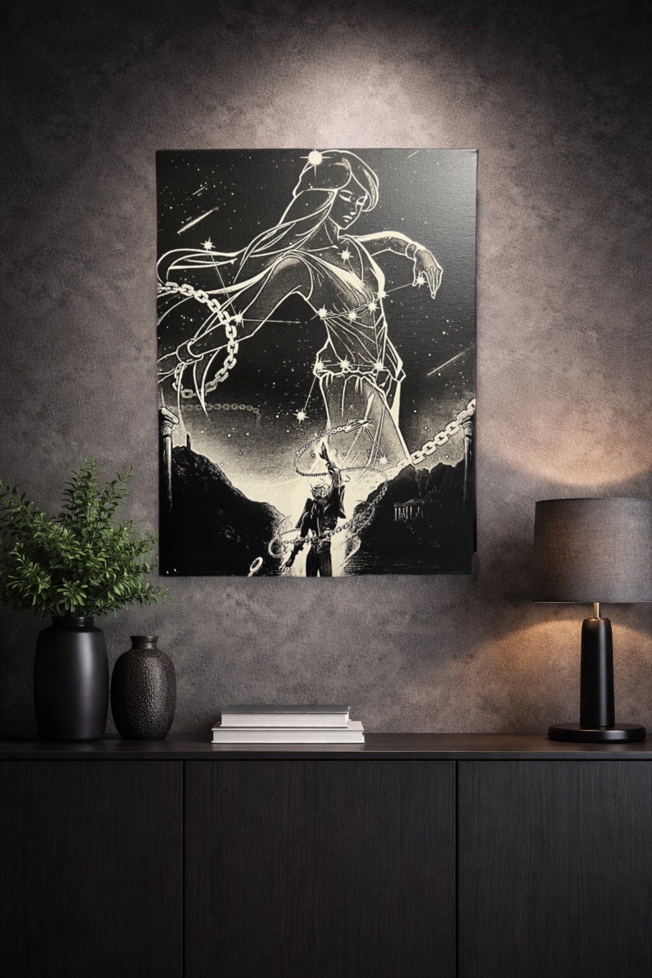 Tableau guerrier cosmique et constellation céleste – décoration murale noir et blanc 30x40 cm - DesignRomArt