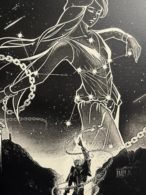 Tableau guerrier cosmique et constellation céleste – décoration murale noir et blanc 30x40 cm - DesignRomArt