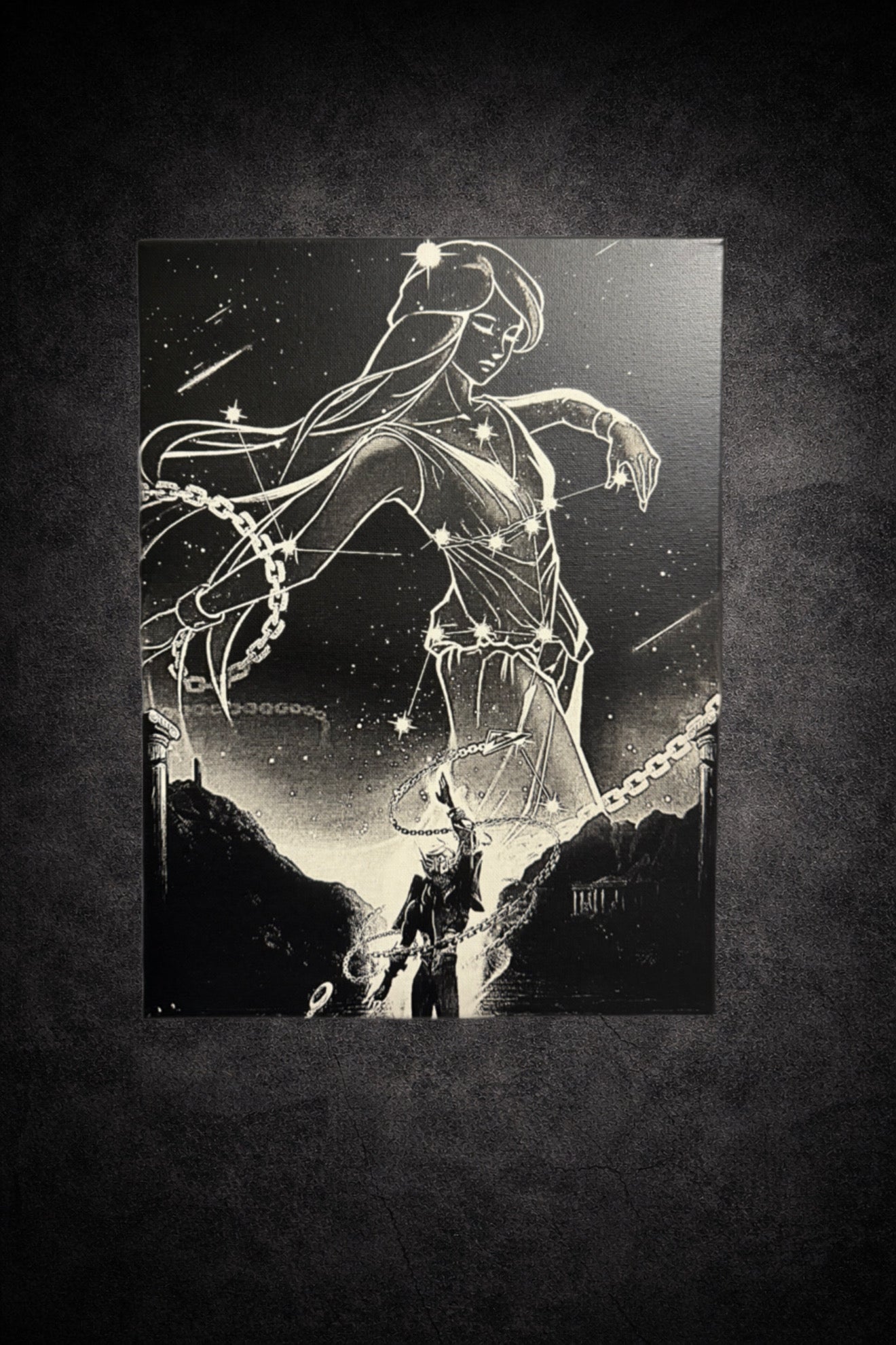 tableau mural guerrier cosmique et constellation noir et blanc