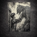 Tableau mural noir et blanc jeune guerrier face créature géante épique