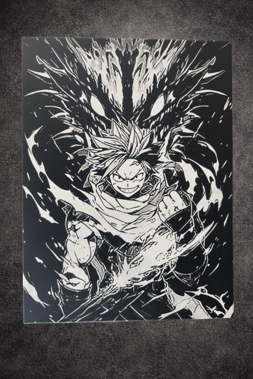 Tableau guerrier de feu en puissance avec créature d’énergie sombre noir et blanc décoration murale 30x40 cm - DesignRomArt